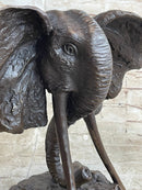 Elephant Head Bronze Metal Bust Statue Sculpture Figure Decor Signed Original Art Marble Base