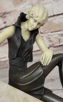 Art Deco Fashion Model Flapper Girl Bronze Figurine Statue Sculpture Marble Base