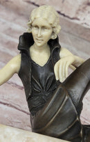 Art Deco Fashion Model Flapper Girl Bronze Figurine Statue Sculpture Marble Base