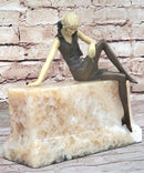 Art Deco Fashion Model Flapper Girl Bronze Figurine Statue Sculpture Marble Base