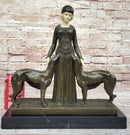 Chiparus Art Deco Bronze Sculpture of Girl with Pair of Afghan Dogs