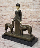 Chiparus Art Deco Bronze Sculpture of Girl with Pair of Afghan Dogs