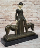 Chiparus Art Deco Bronze Sculpture of Girl with Pair of Afghan Dogs