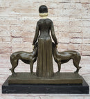 Chiparus Art Deco Bronze Sculpture of Girl with Pair of Afghan Dogs