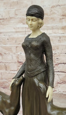 Chiparus Art Deco Bronze Sculpture of Girl with Pair of Afghan Dogs