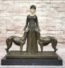 Chiparus Art Deco Bronze Sculpture of Girl with Pair of Afghan Dogs