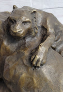 Lion Tiger & Cub Bronze Statue Sculpture Wildlife Figure Decor Handmade Art