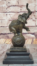Elephant Balancing on a Ball Bronze Sculpture Statue Figure on Marble Base