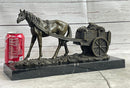 Signed Original Working Horse with Carriage Bronze Statue Sculpture Figurine Art