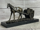 Signed Original Working Horse with Carriage Bronze Statue Sculpture Figurine Art