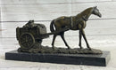 Signed Original Working Horse with Carriage Bronze Statue Sculpture Figurine Art