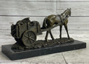 Signed Original Working Horse with Carriage Bronze Statue Sculpture Figurine Art