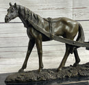 Signed Original Working Horse with Carriage Bronze Statue Sculpture Figurine Art