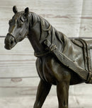 Signed Original Working Horse with Carriage Bronze Statue Sculpture Figurine Art