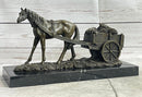 Signed Original Working Horse with Carriage Bronze Statue Sculpture Figurine Art