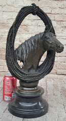 Equestrian Horse Head Bronze Sculpture with Braided Rope Wreath on Marble Base