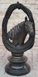 Equestrian Horse Head Bronze Sculpture with Braided Rope Wreath on Marble Base