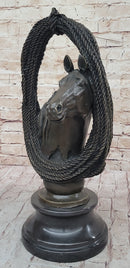 Equestrian Horse Head Bronze Sculpture with Braided Rope Wreath on Marble Base