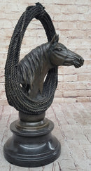 Equestrian Horse Head Bronze Sculpture with Braided Rope Wreath on Marble Base