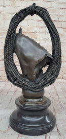 Equestrian Horse Head Bronze Sculpture with Braided Rope Wreath on Marble Base