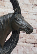 Equestrian Horse Head Bronze Sculpture with Braided Rope Wreath on Marble Base