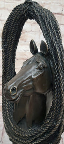 Equestrian Horse Head Bronze Sculpture with Braided Rope Wreath on Marble Base