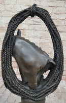 Equestrian Horse Head Bronze Sculpture with Braided Rope Wreath on Marble Base
