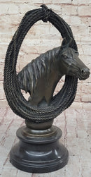 Equestrian Horse Head Bronze Sculpture with Braided Rope Wreath on Marble Base