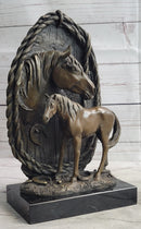 Equestrian Horse Lover Decor Mare & Foal Bronze Sculpture Statue on Marble Base