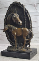 Equestrian Horse Lover Decor Mare & Foal Bronze Sculpture Statue on Marble Base