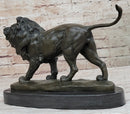 Signed African Male Lion King of Jungle on Prowl Bronze Sculpture Art Deco Decor