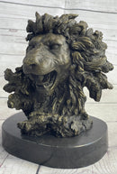 Roaring Lion's Head Lion Bust Bronze Sculpture Statue Figure Marble Base 9" x 7"