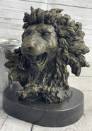 Roaring Lion's Head Lion Bust Bronze Sculpture Statue Figure Marble Base 9" x 7"