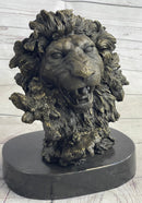 Roaring Lion's Head Lion Bust Bronze Sculpture Statue Figure Marble Base 9" x 7"