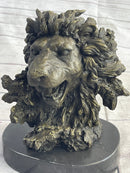 Roaring Lion's Head Lion Bust Bronze Sculpture Statue Figure Marble Base 9" x 7"
