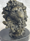 Roaring Lion's Head Lion Bust Bronze Sculpture Statue Figure Marble Base 9" x 7"