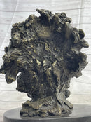 Roaring Lion's Head Lion Bust Bronze Sculpture Statue Figure Marble Base 9" x 7"