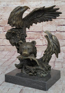 Eagles & Bear Hunting Fish Original Bronze Sculpture Statue Art by Milo on Marble Base