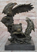 Eagles & Bear Hunting Fish Original Bronze Sculpture Statue Art by Milo on Marble Base