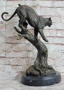 Puma Cougar Mountain Lion on Tree Branch Bronze Statue Sculpture Figurine Decor
