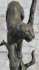 Puma Cougar Mountain Lion on Tree Branch Bronze Statue Sculpture Figurine Decor