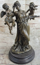 Handmade Elegant Female Nude Cherub Child Mother & Angel Bronze Marble Statue