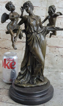 Handmade Elegant Female Nude Cherub Child Mother & Angel Bronze Marble Statue