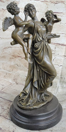 Handmade Elegant Female Nude Cherub Child Mother & Angel Bronze Marble Statue