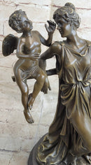 Handmade Elegant Female Nude Cherub Child Mother & Angel Bronze Marble Statue