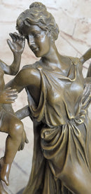 Handmade Elegant Female Nude Cherub Child Mother & Angel Bronze Marble Statue