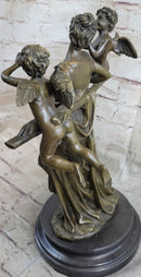 Handmade Elegant Female Nude Cherub Child Mother & Angel Bronze Marble Statue