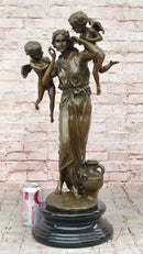 Signed Moreau Young Lady With Two Angels Bronze Sculpture Statue Figurine Decor