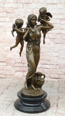 Signed Moreau Young Lady With Two Angels Bronze Sculpture Statue Figurine Decor