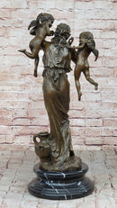 Signed Moreau Young Lady With Two Angels Bronze Sculpture Statue Figurine Decor